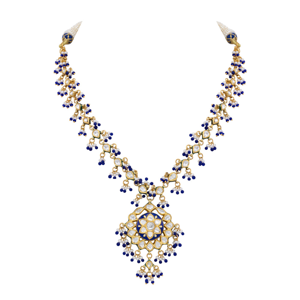 Blue Enamel Polki Necklace with Pearl and Bead Accents